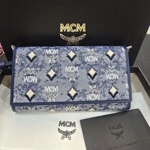 MCM Blue and White Monogram Clutch